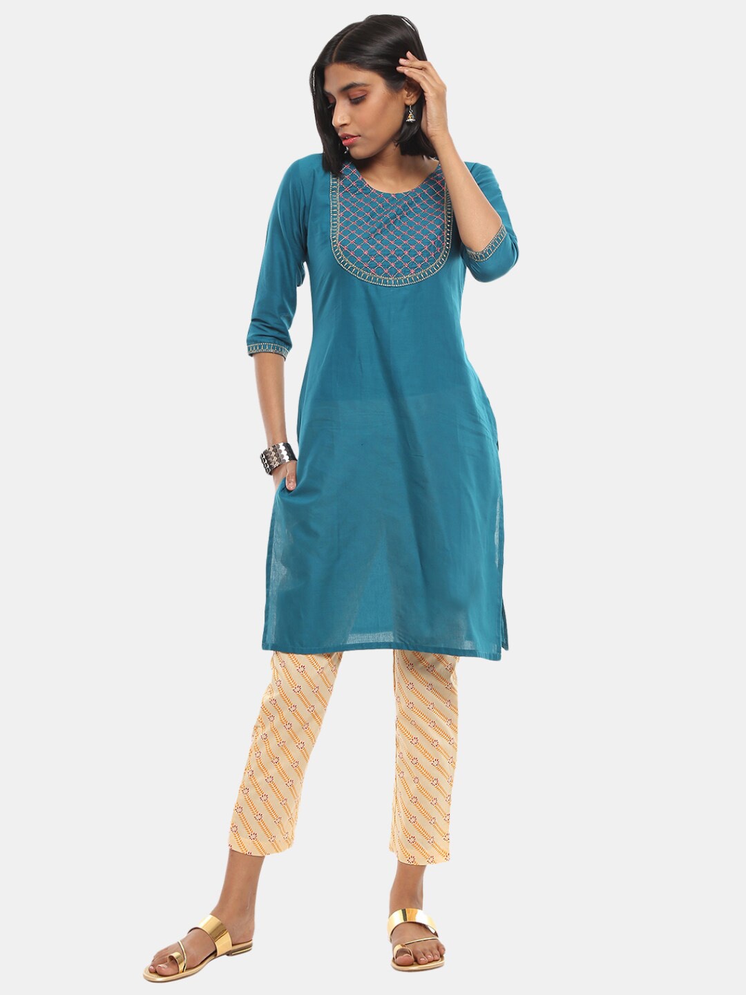 

Desi Mix Women Teal Yoke Design Thread Work Cotton Kurta