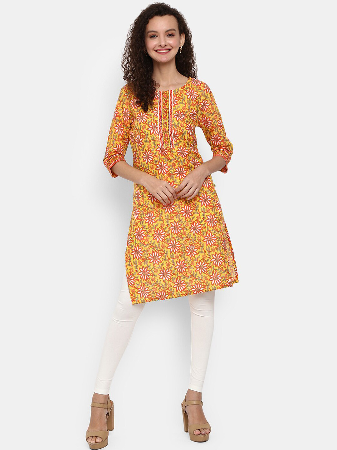 

Desi Mix Women Yellow Floral Printed Flared Sleeves Thread Work Kurta