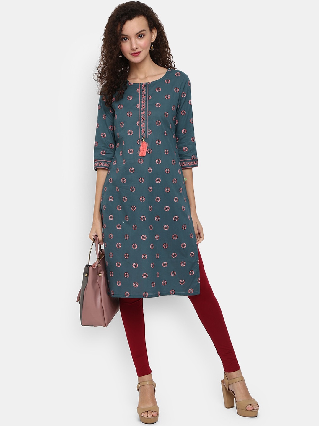 

Desi Mix Women Teal Blue Floral Printed Cotton Kurta