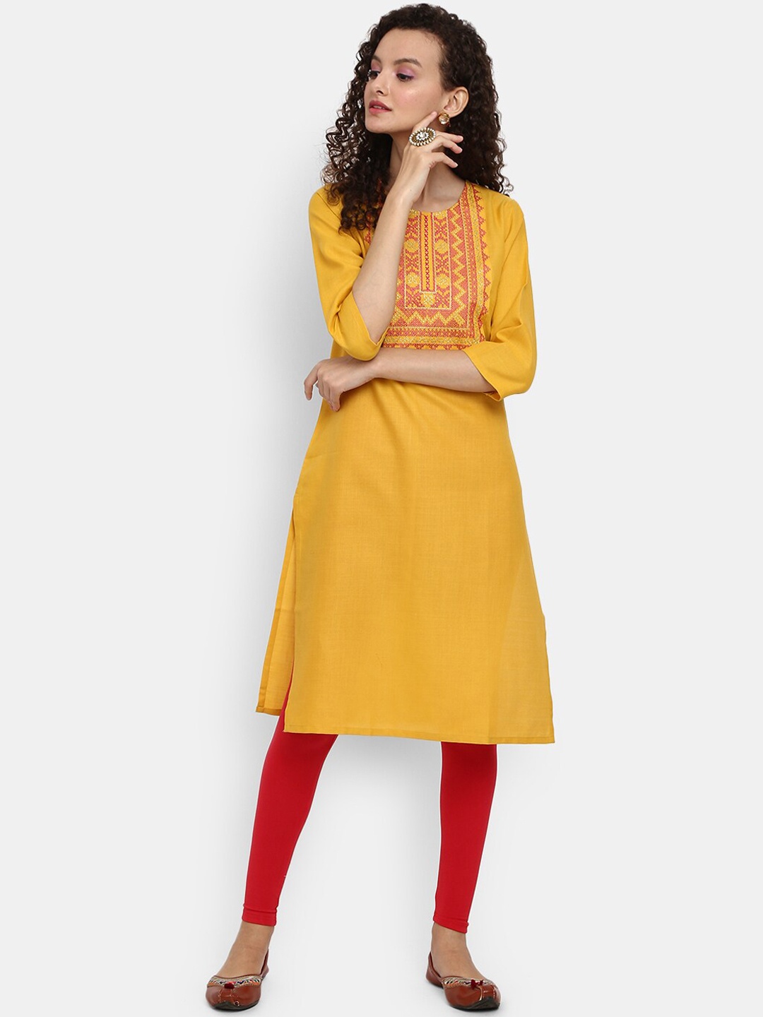 

Desi Mix Women Mustard Yellow Yoke Design Thread Work Kurta