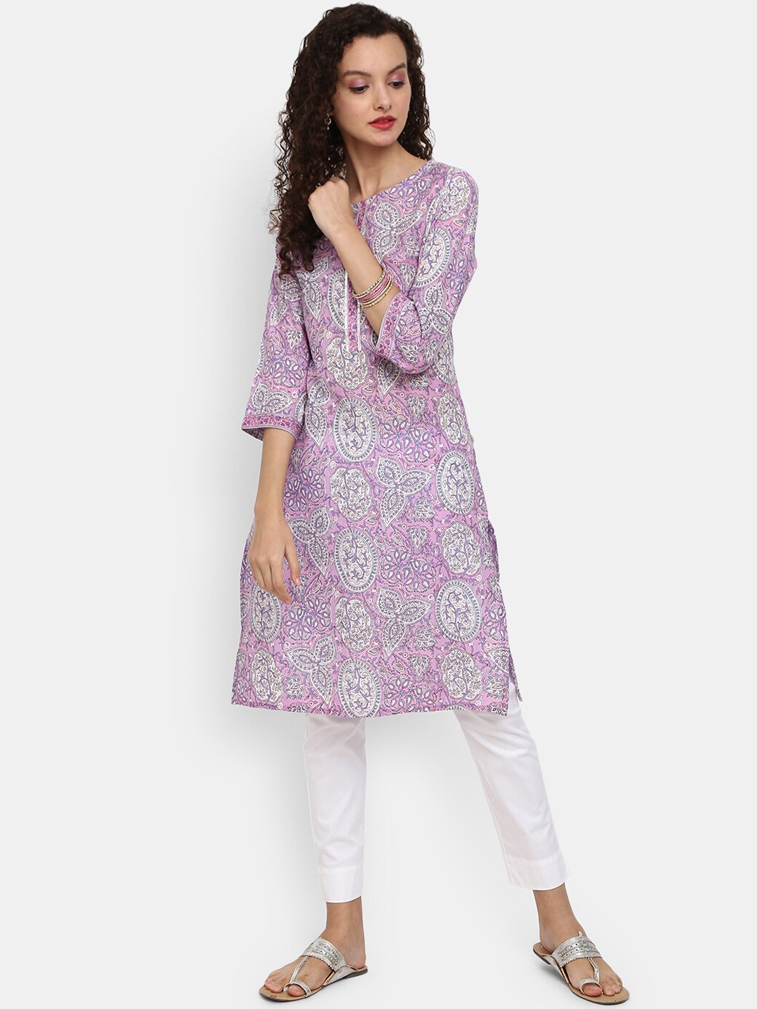 

Desi Mix Women Purple Ethnic Printed Straight Round Neck Kurta