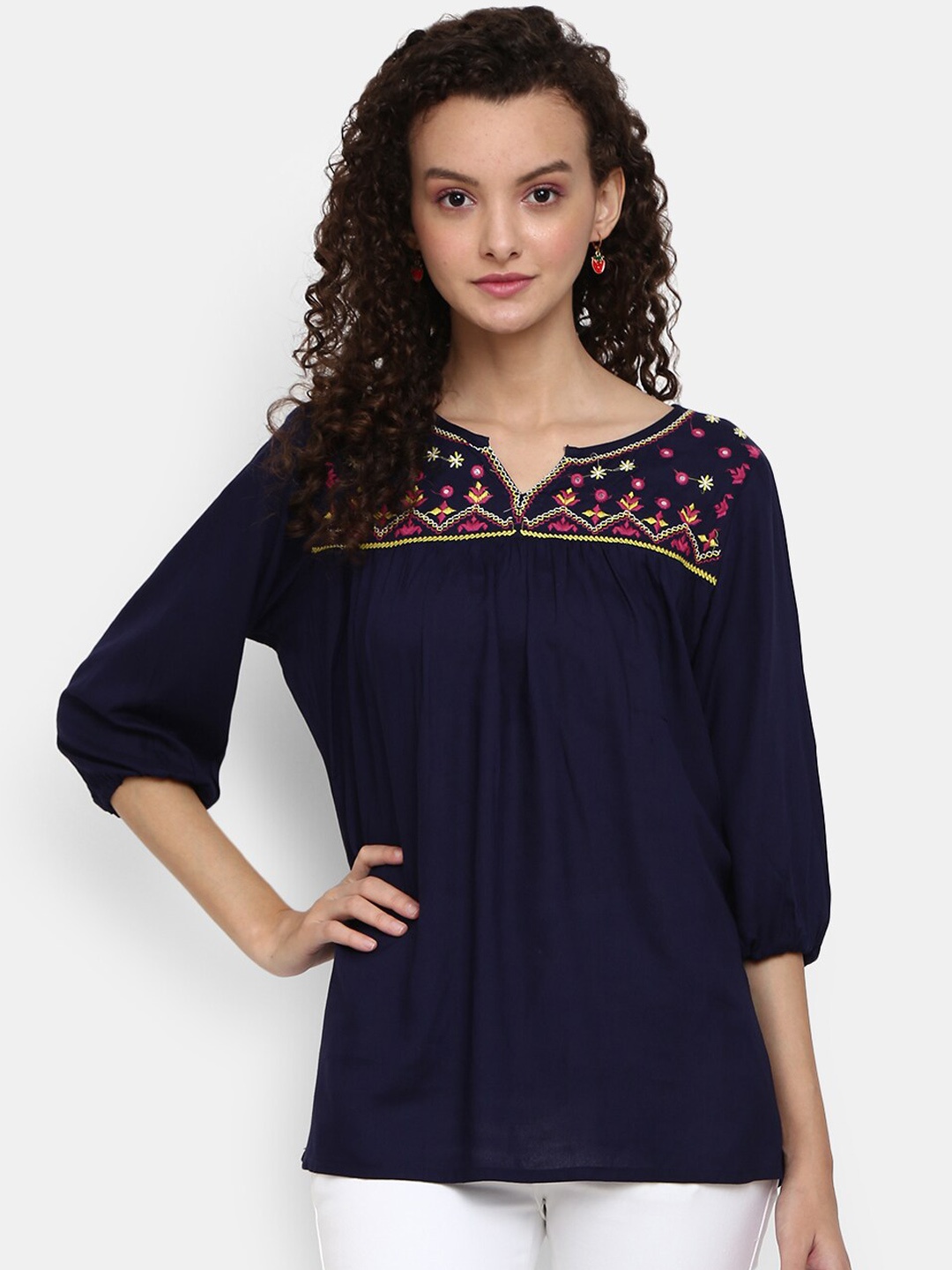 

Desi Mix Women Navy Blue Yoke Design Keyhole Neck Thread Work Kurta