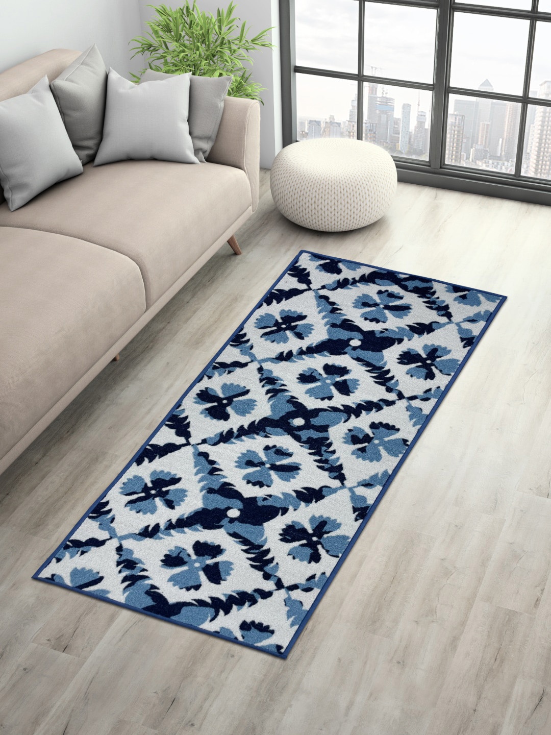 

SPACES Grey & Blue Floral Printed Anti-Skid Runners