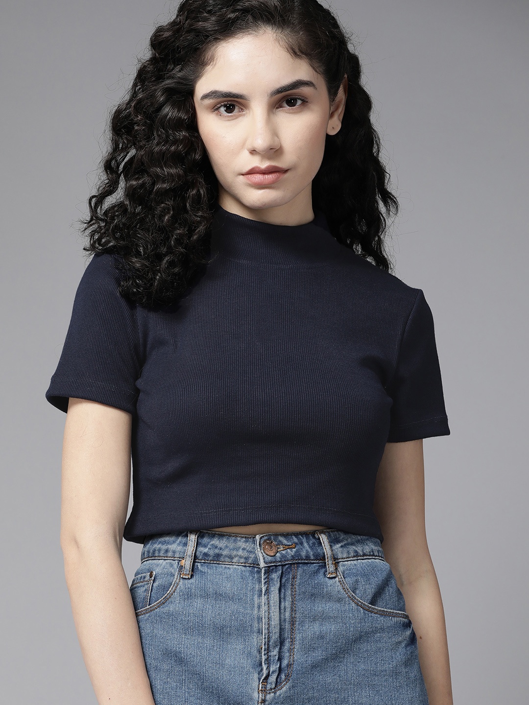 

Roadster Woman Solid Crop Top, Navy blue