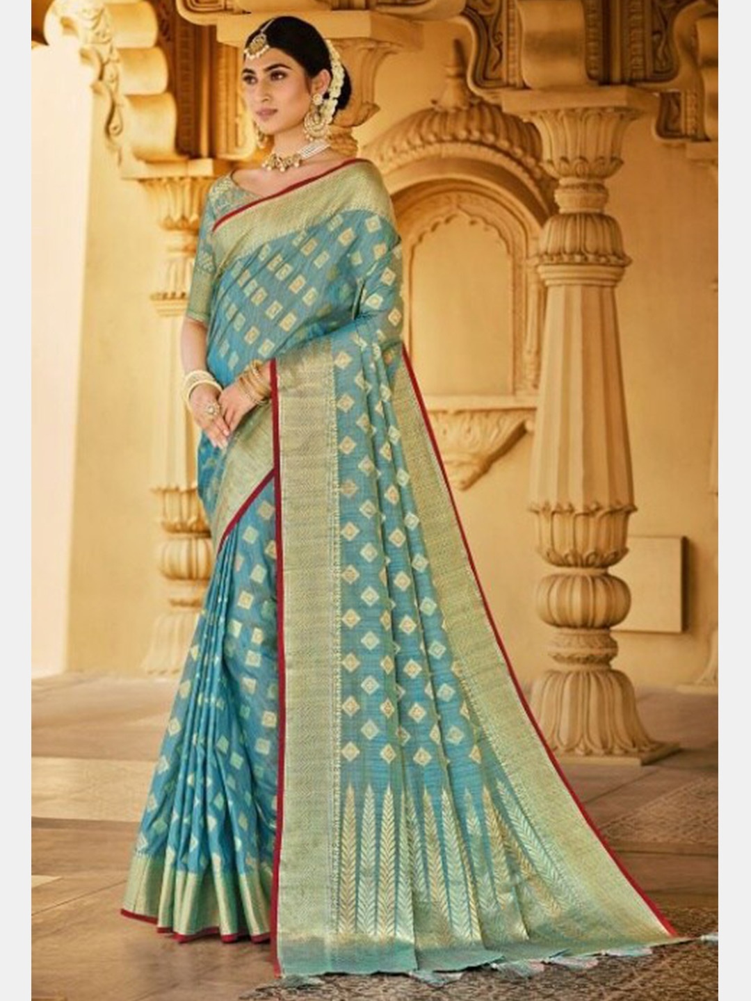 

KARAGIRI Blue & Gold-Toned Ethnic Motifs Zari Saree