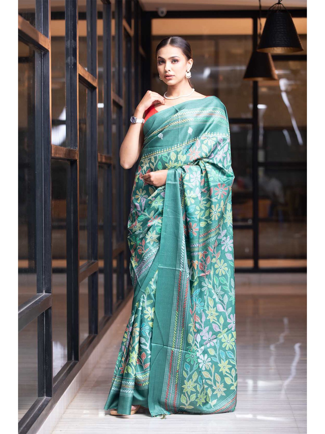 

KARAGIRI Blue Floral Silk Blend Saree