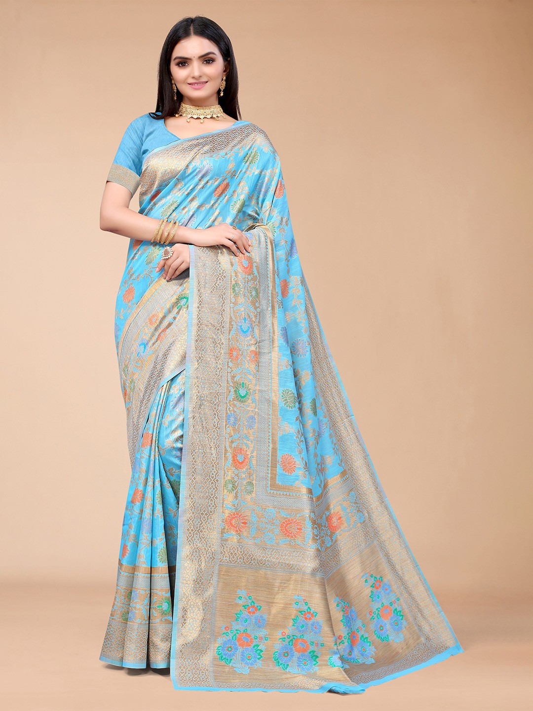 

Mitera Blue & Gold-Toned Woven Design Zari Silk Blend Saree