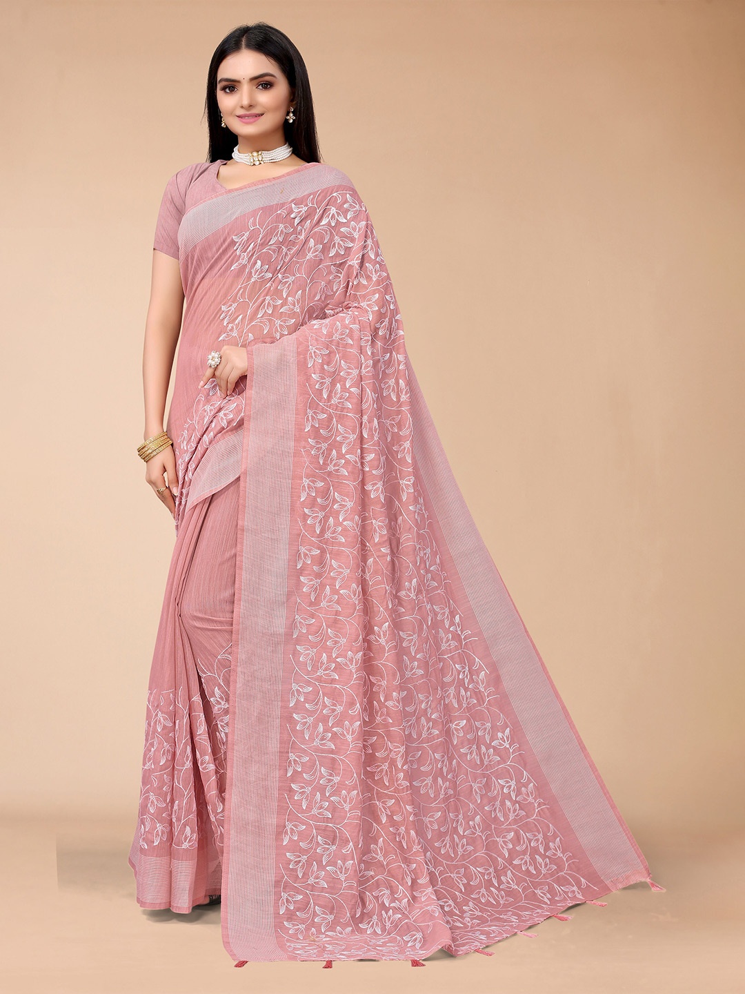 

Mitera Pink & White Floral Pure Cotton Lakhnavi Saree