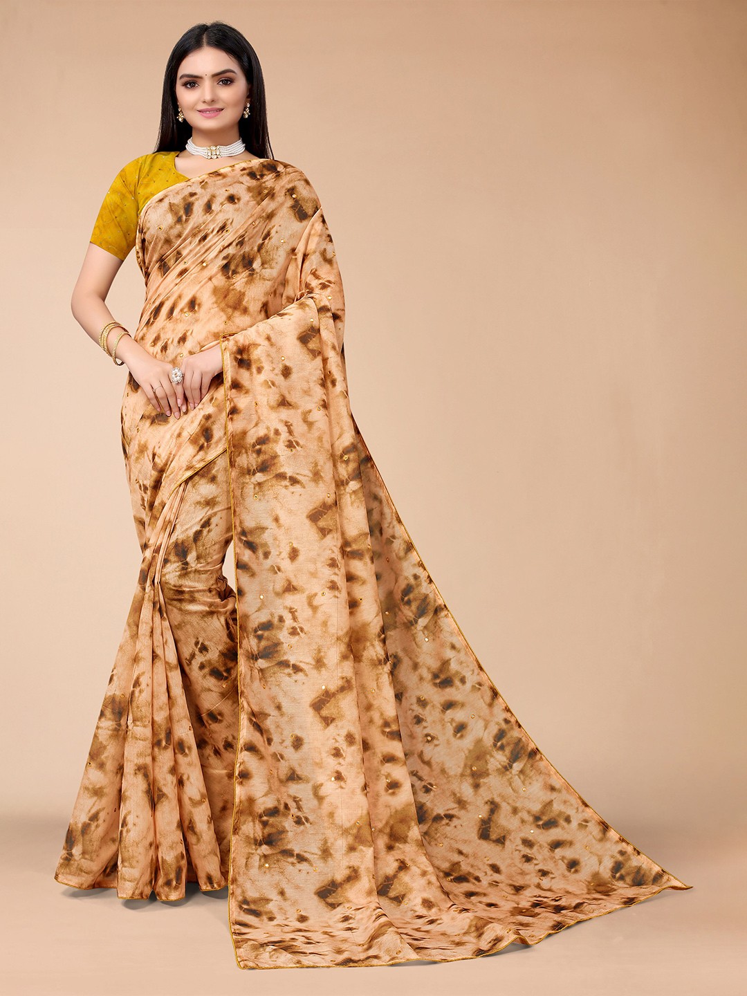 

Mitera Mustard & Brown Tie and Dye Mirror Work Pure Cotton Saree