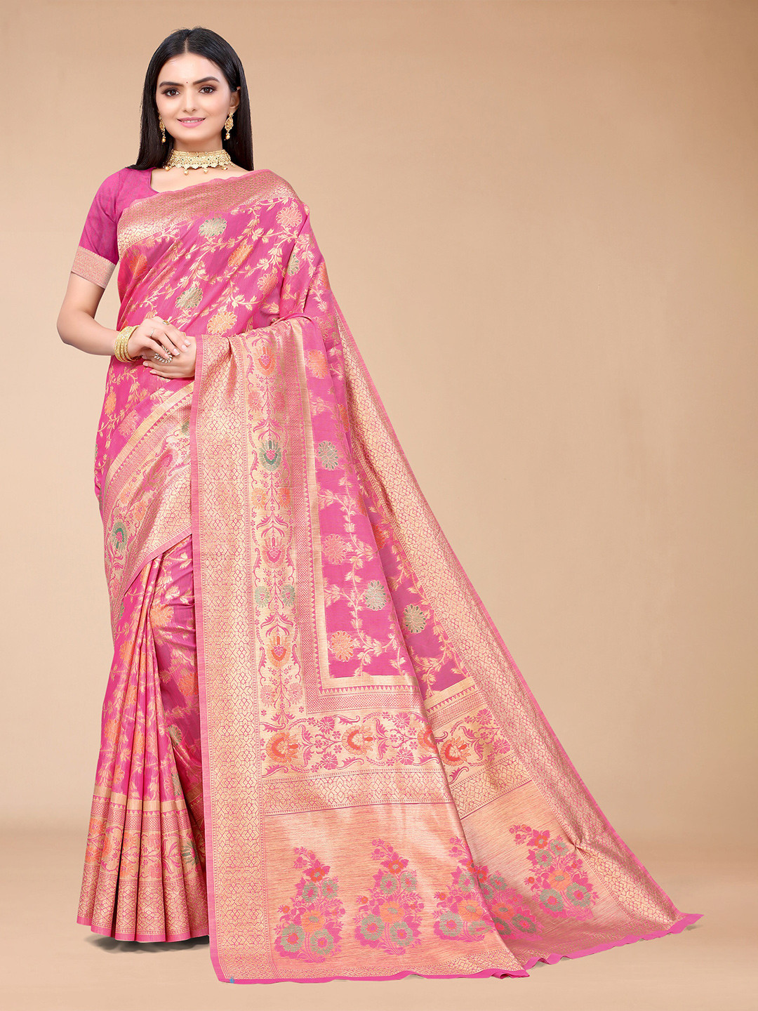 

Mitera Pink & Gold-Toned Woven Design Zari Silk Blend Saree