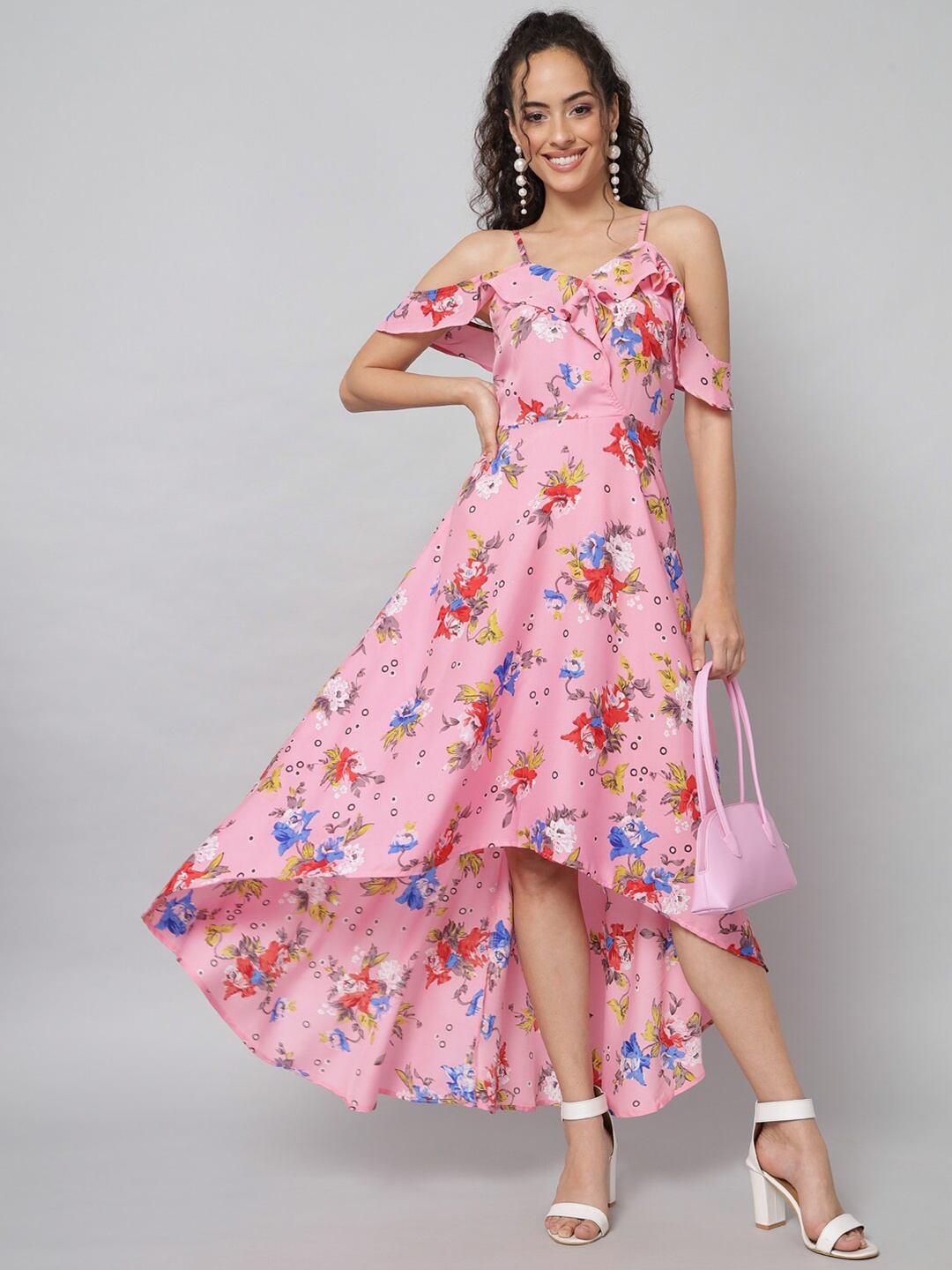 

emeros Women Pink & Red Floral Crepe High-low Dress