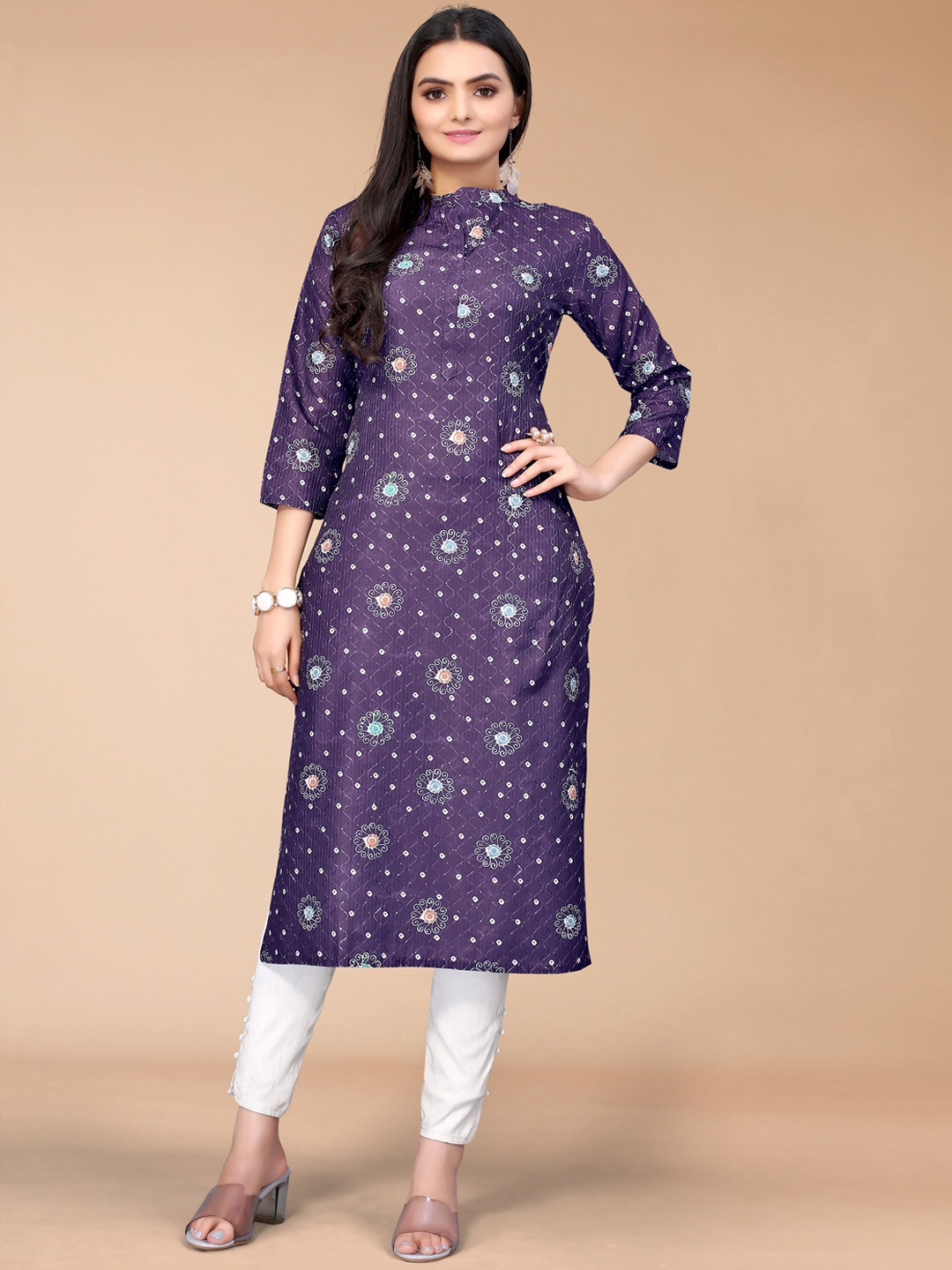 

KALINI Women Purple Ethnic Motifs Printed Thread Work Floral Kurta