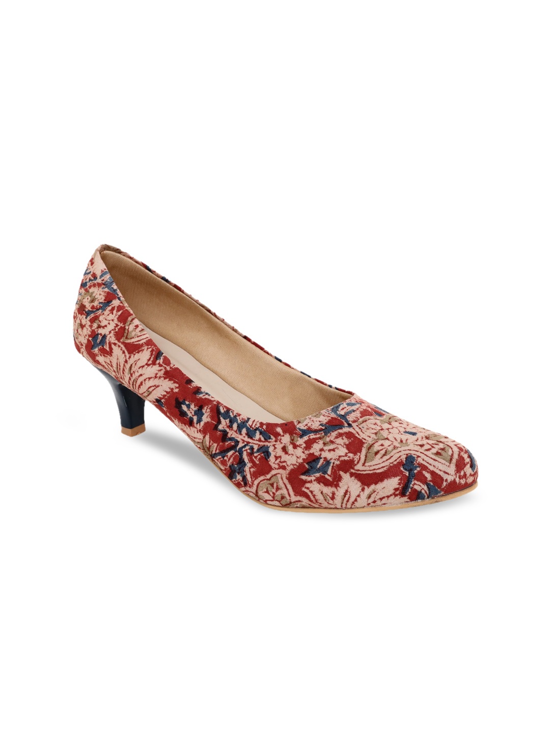 

Kanvas Brown Printed Ethnic Kitten Pumps