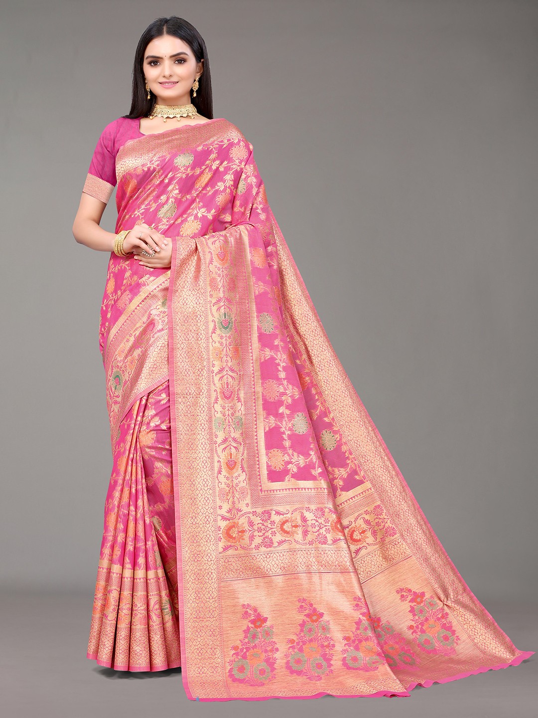 

Nimayaa Pink & Gold-Toned Woven Design Zari Silk Blend Saree