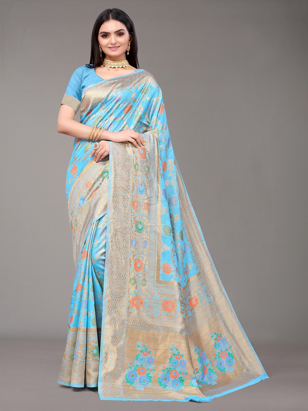 

Nimayaa Blue & Gold-Toned Ethnic Motifs Zari Silk Blend Saree