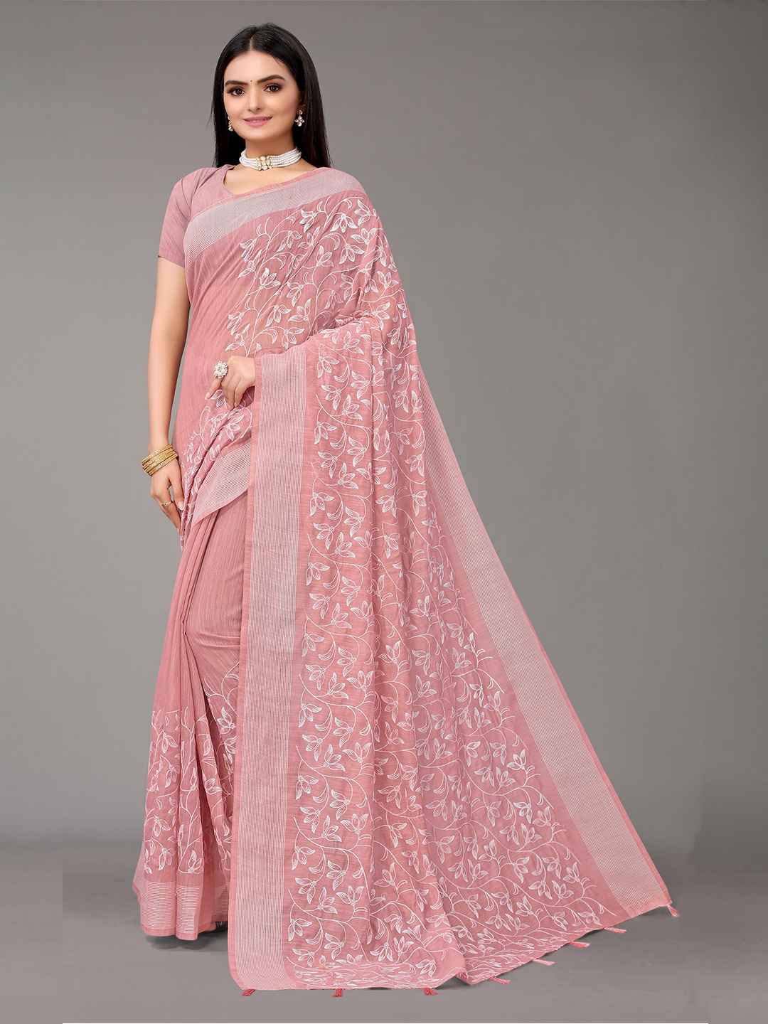 

Nimayaa Pink & White Floral Embroidered Pure Cotton Saree