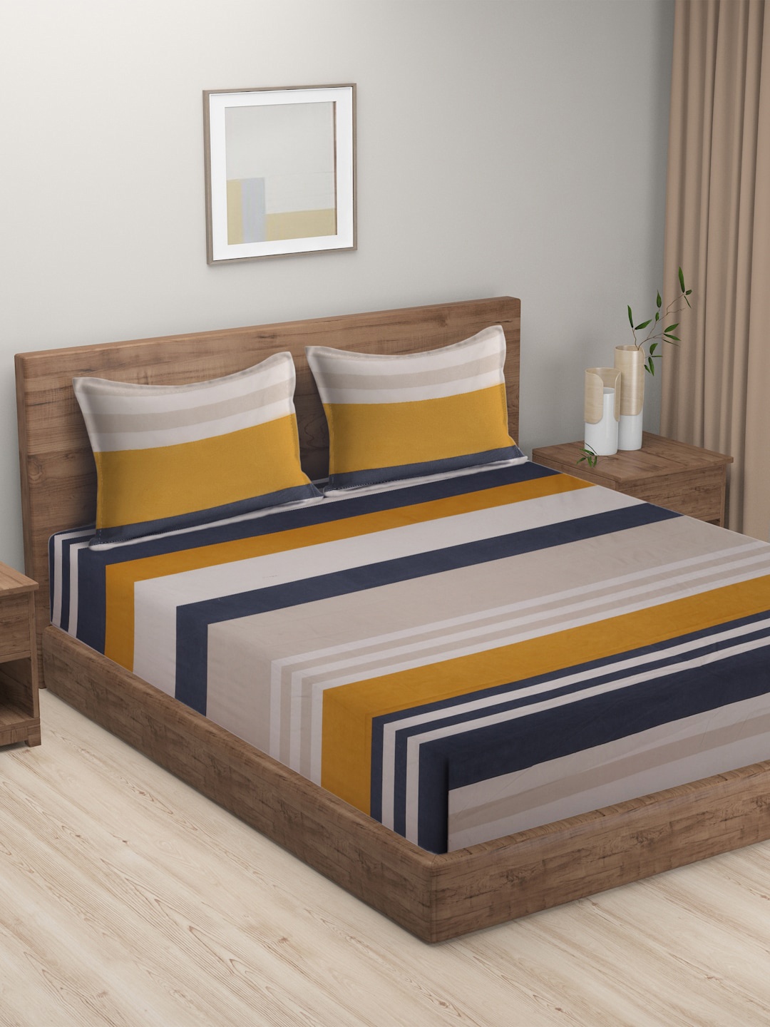 

HOSTA HOMES Blue & Mustard Striped 300 TC King Bedsheet with 2 Pillow Covers