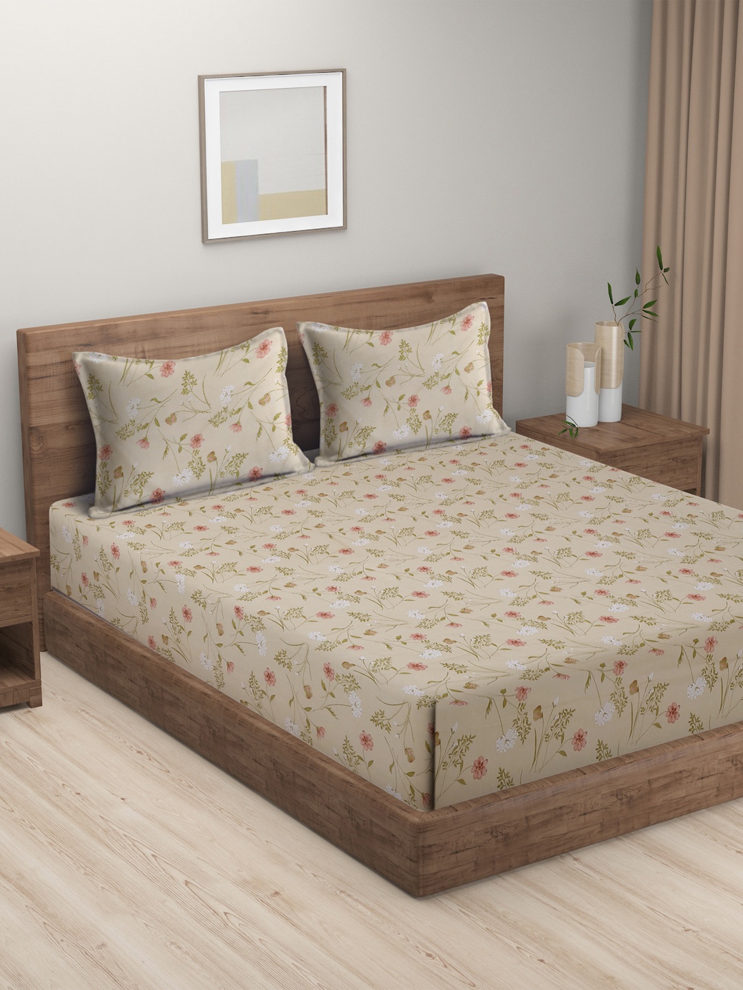 

HOSTA HOMES Beige & Green Floral 300 TC King Bedsheet with 2 Pillow Covers