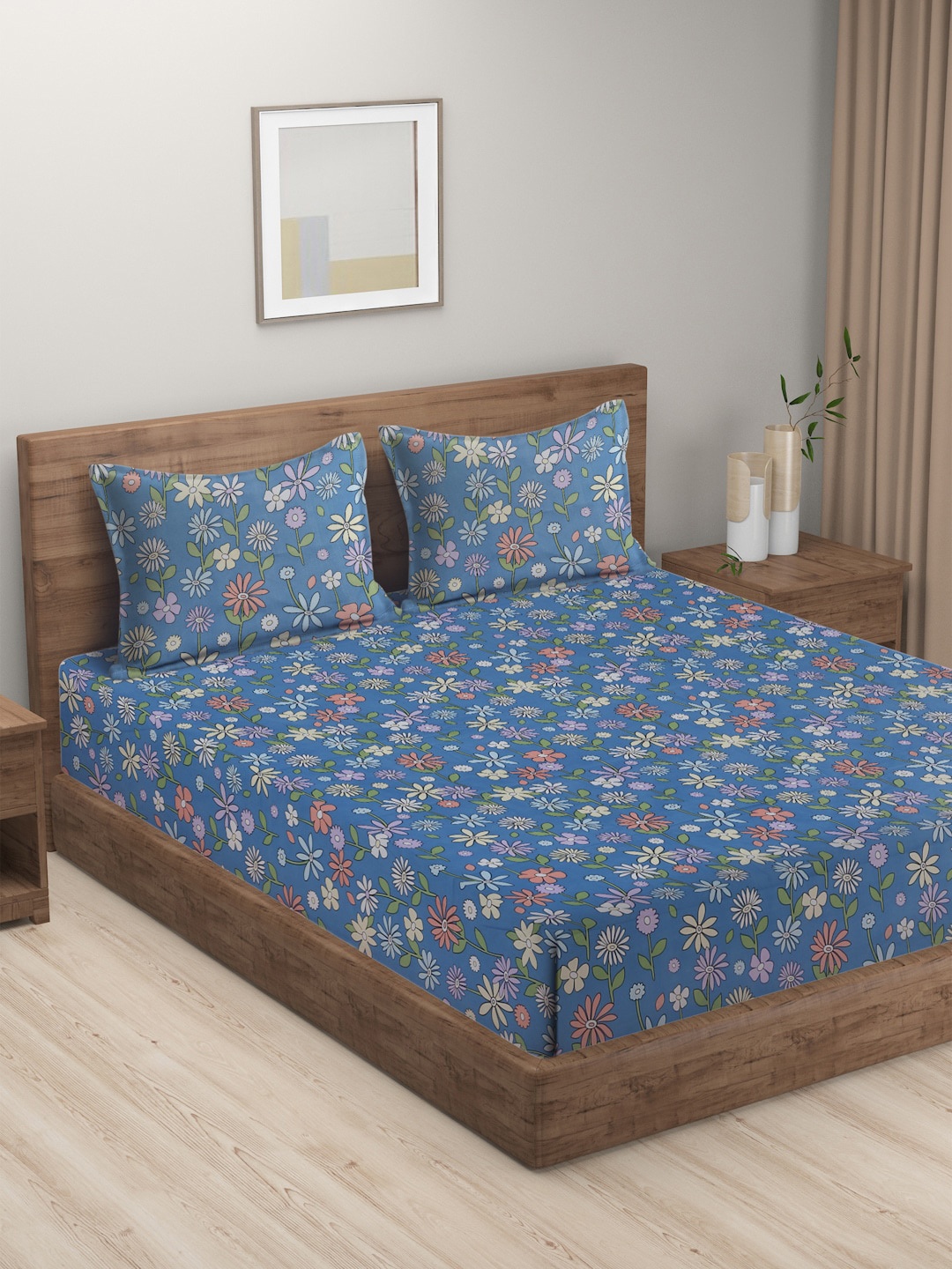 

HOSTA HOMES Blue & Green Floral 300 TC King Bedsheet with 2 Pillow Covers