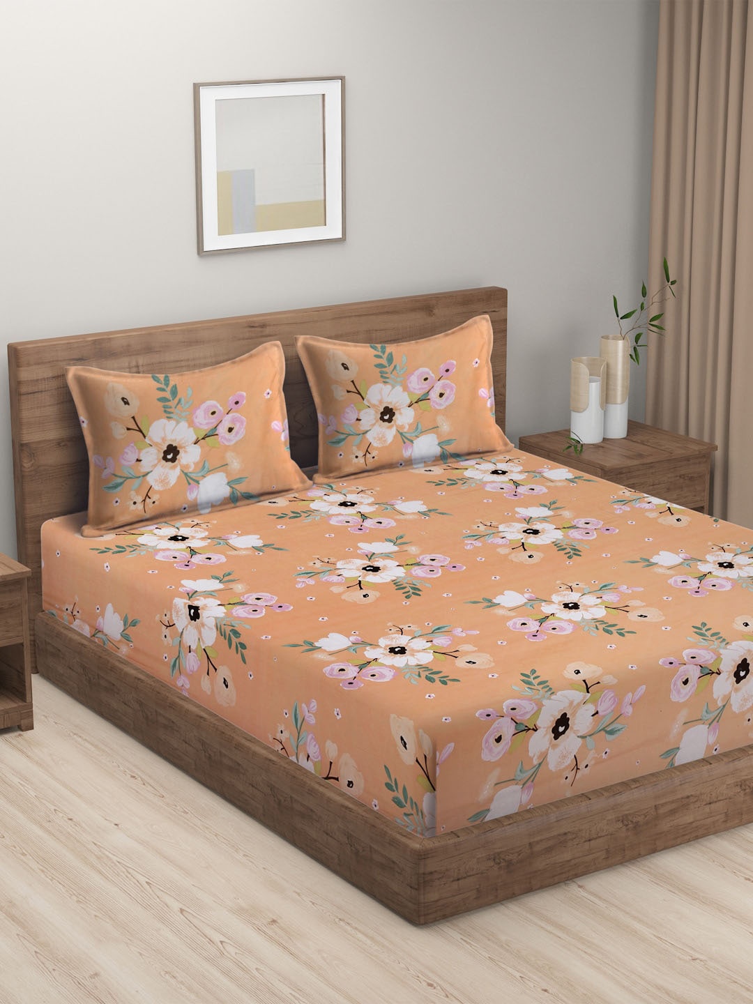 

HOSTA HOMES Peach-Coloured & White Floral 300 TC King Bedsheet with 2 Pillow Covers