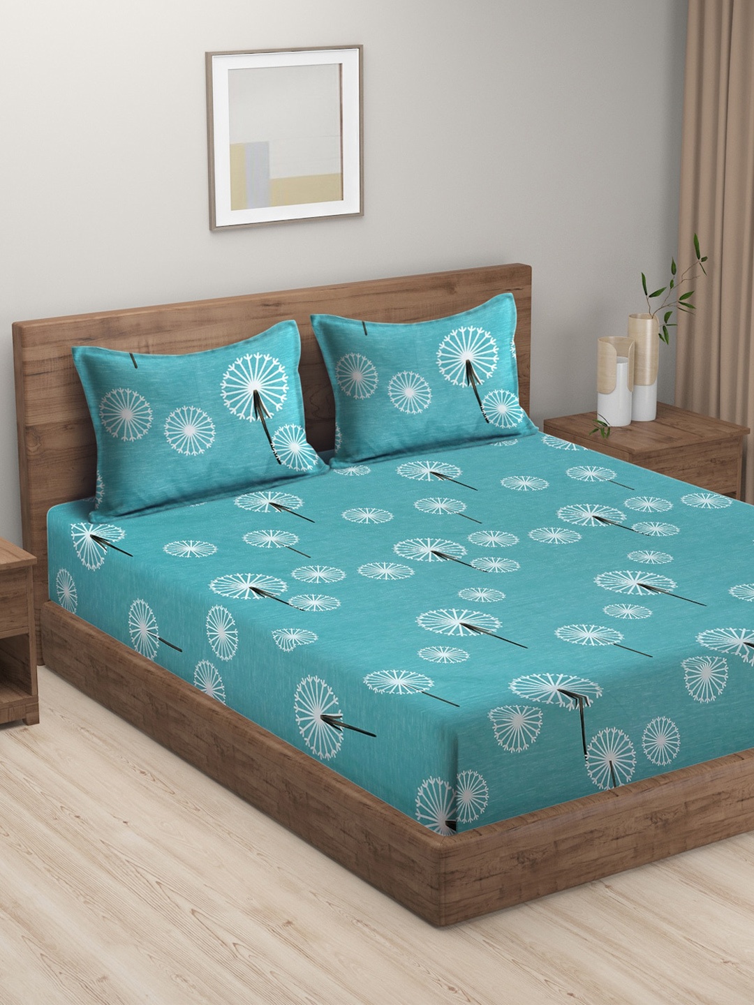 

HOSTA HOMES Blue & White Printed Floral 300 TC King Bedsheet With 2 Pillow Covers
