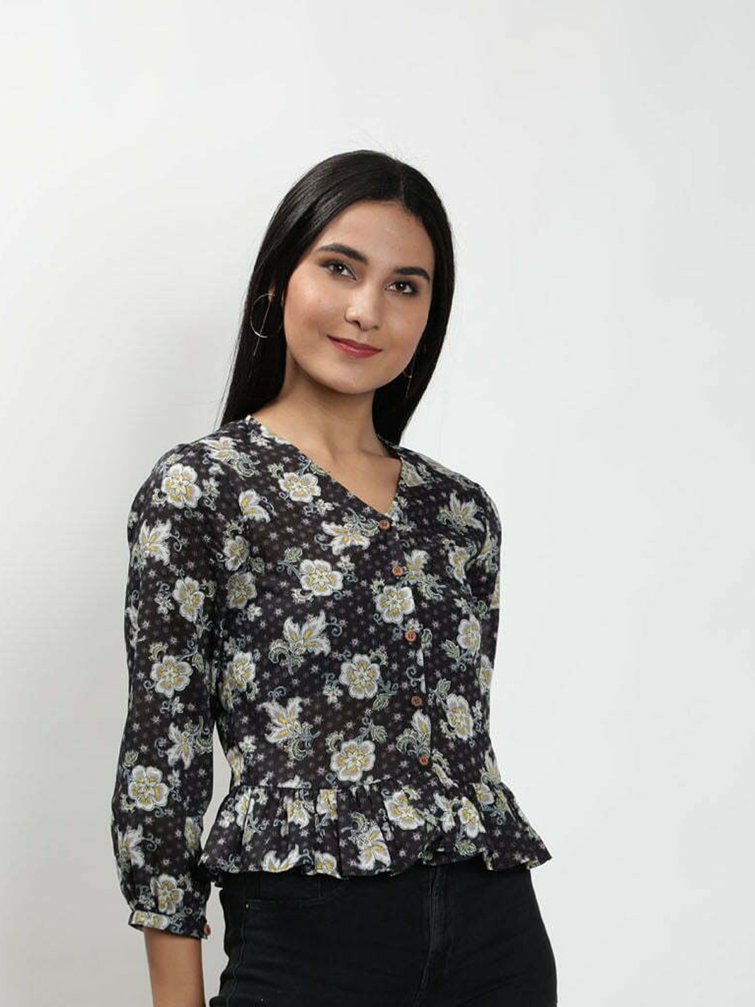

TheBlackLover Black Floral Print Pure Cotton Peplum Top