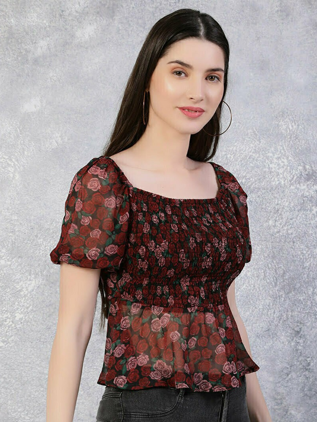 

TheBlackLover Black & Red Floral Print Georgette Peplum Crop Top