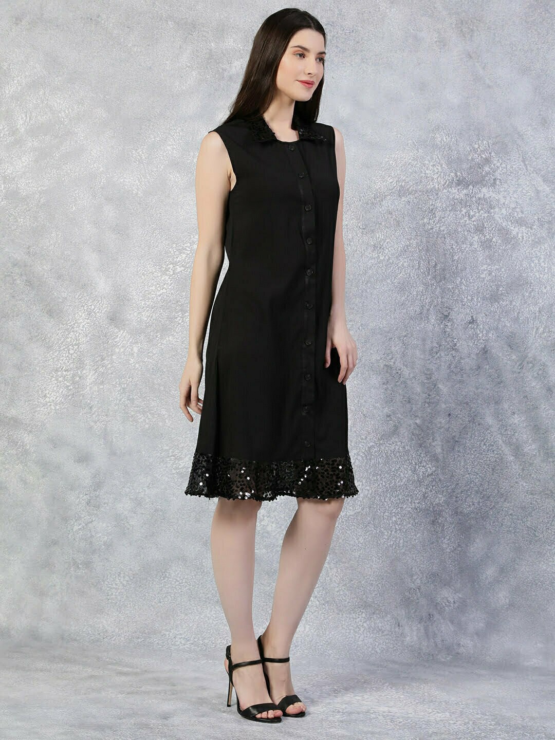 

TheBlackLover Black Sequinned Embellished Crepe Shirt Dress