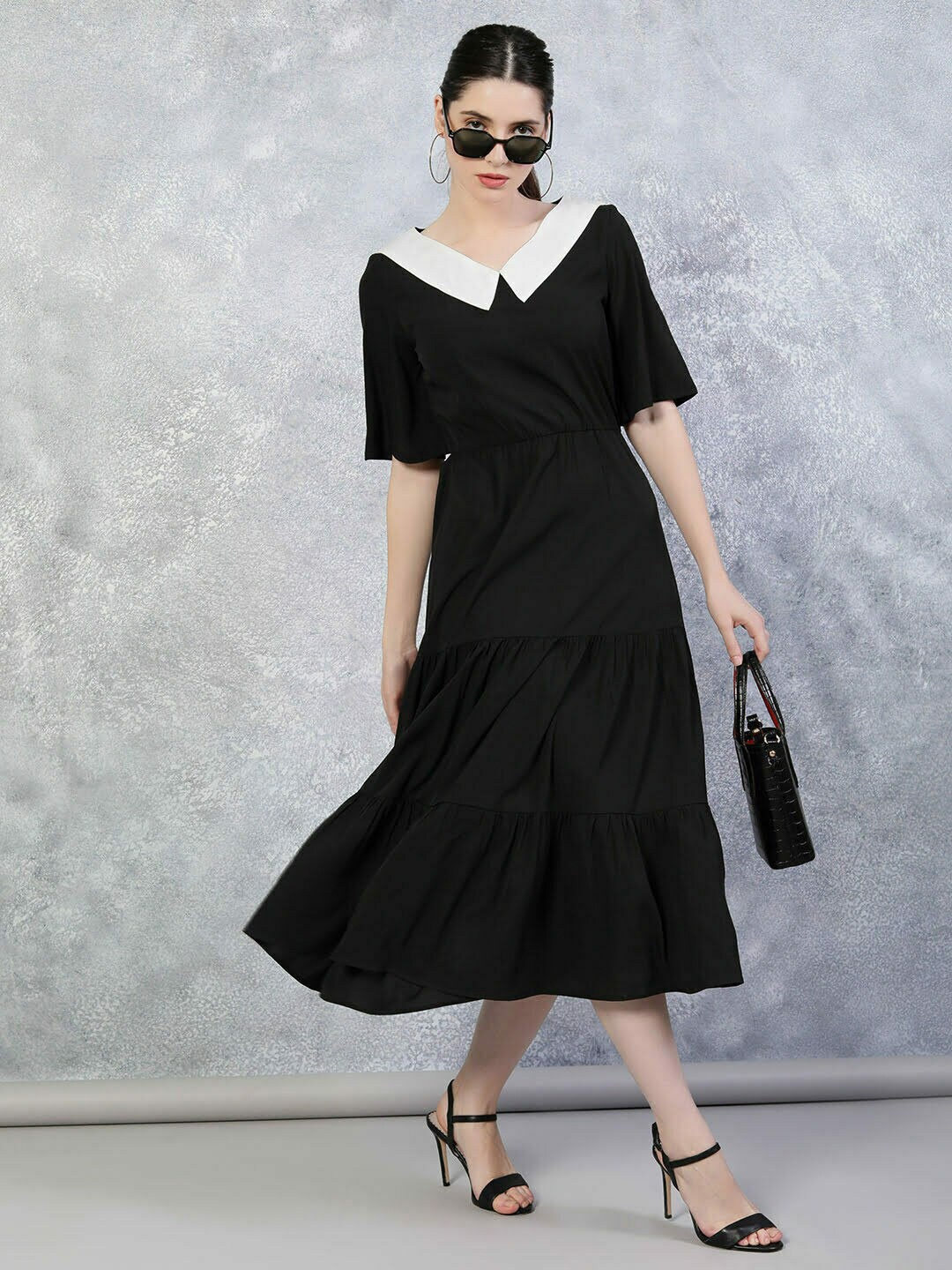 

TheBlackLover Black & White Colourblocked Crepe Tiered Midi Dress