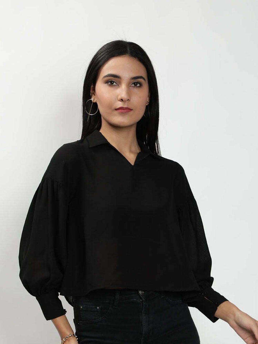

TheBlackLover Black Bishop Sleeves Shirt Style Crop Top