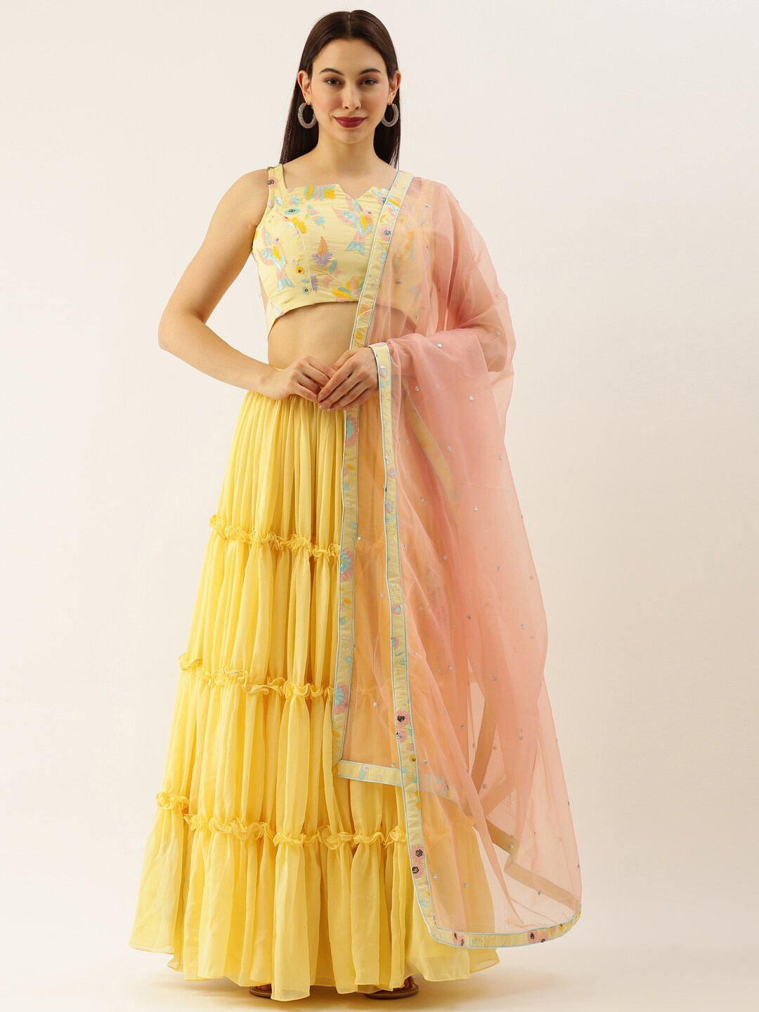 

panchhi Yellow & Rose Embellished Sequinned Semi-Stitched Lehenga & Unstitched Blouse With Dupatta