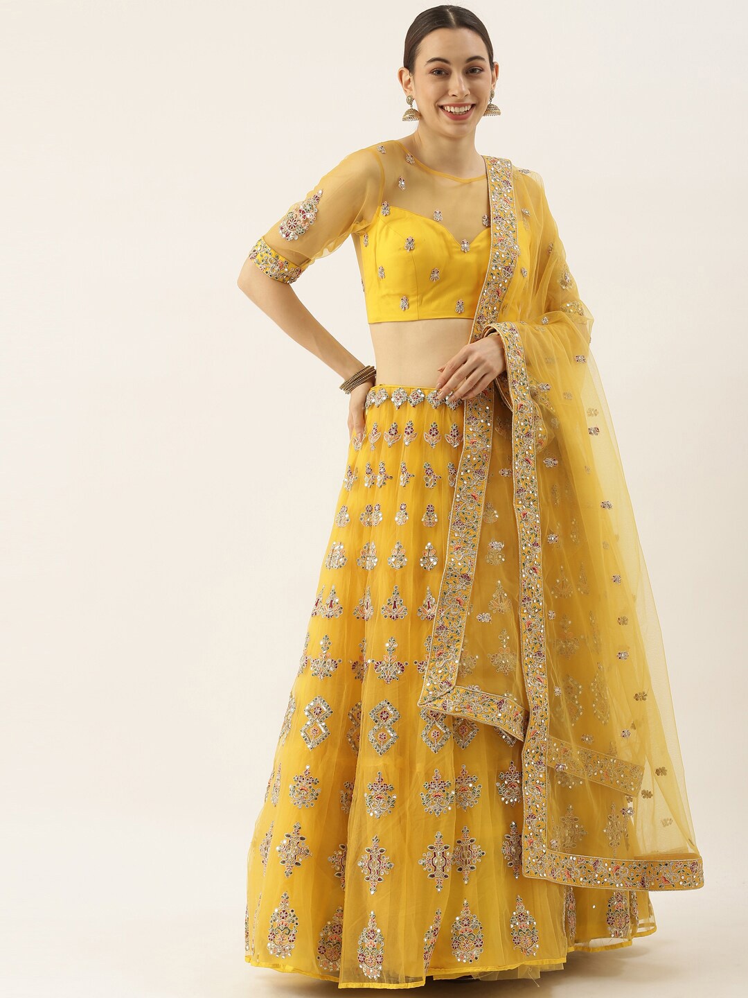 

panchhi Yellow Embellished Semi-Stitched Lehenga & Unstitched Blouse With Dupatta