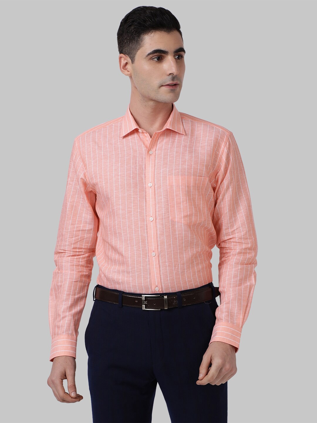 

Park Avenue Men Orange Slim Fit Striped Linen Casual Shirt