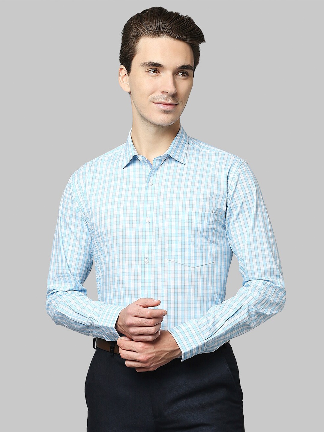 

Park Avenue Men Blue Slim Fit Grid Tattersall Checks Checked Casual Shirt
