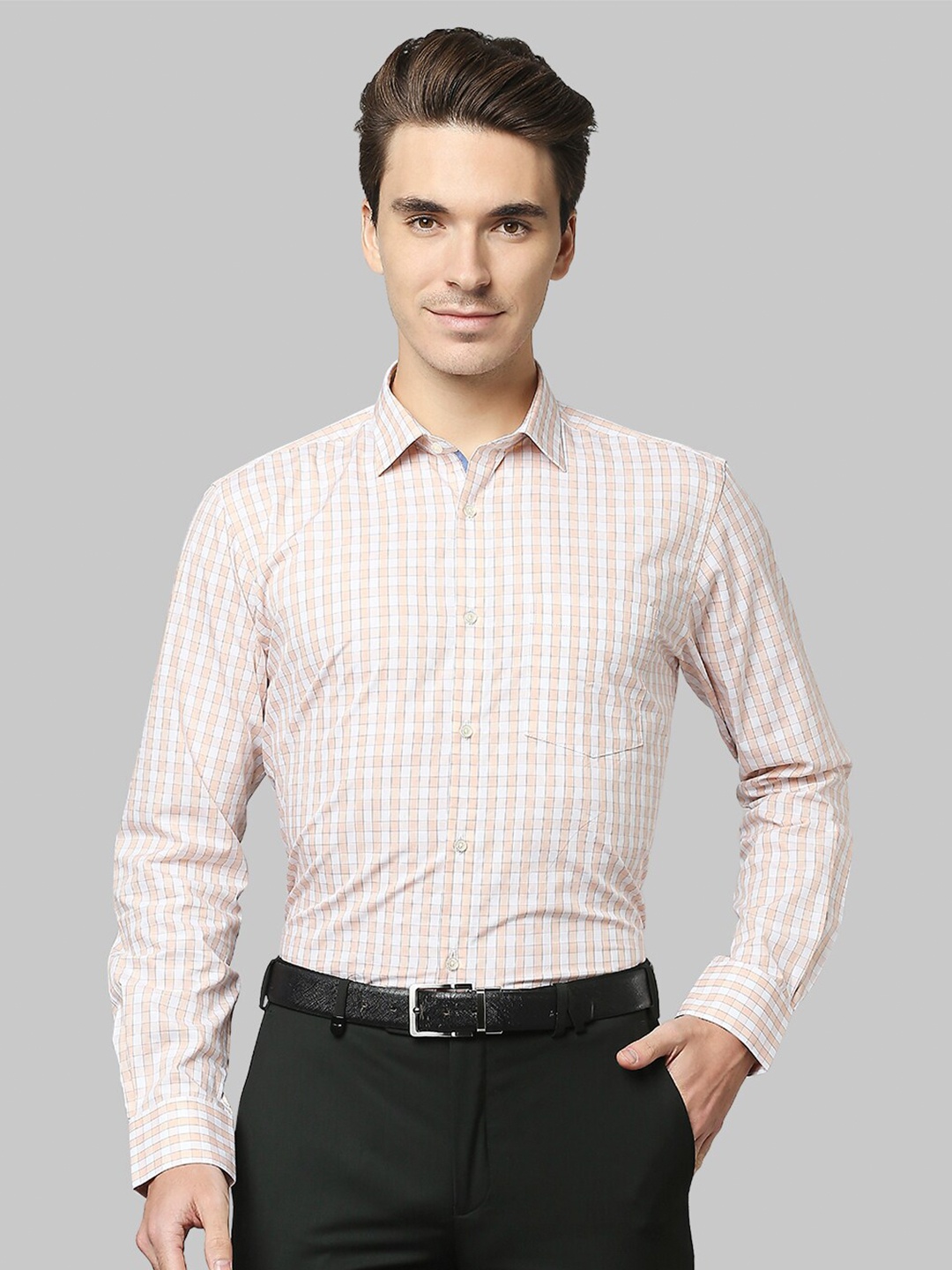 

Park Avenue Men Orange Slim Fit Grid Tattersall Checks Checked Casual Shirt