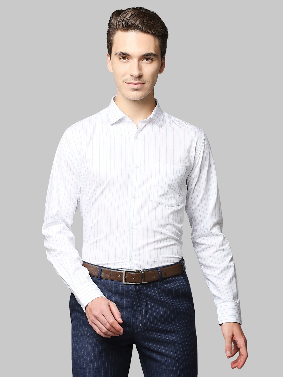 

Park Avenue Men White & Blue Striped Cotton Slim Fit Formal Shirt