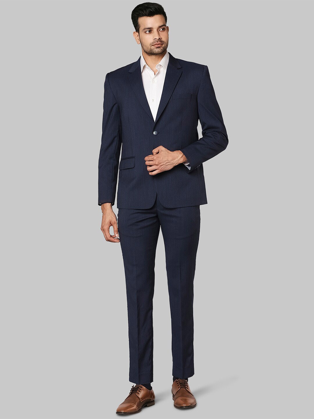 

Park Avenue Men Dark Blue Striped Single-Breasted Super Slim-Fit Two-Piece Formal Suit