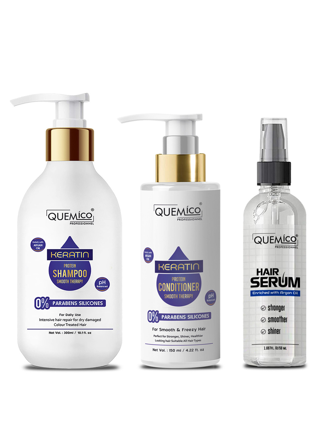 

Quemico Professionnel Set Of 3 Keratin Protein Shampoo Conditioner & Hair Serum 500ml, Pink