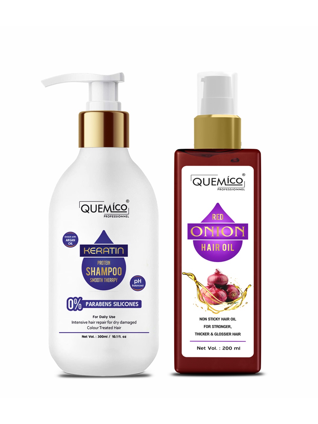 

Quemico Professionnel Set Of 2 Keratin Protein Shampoo (300ml) & Red Onion Hair Oil (200ml), Pink