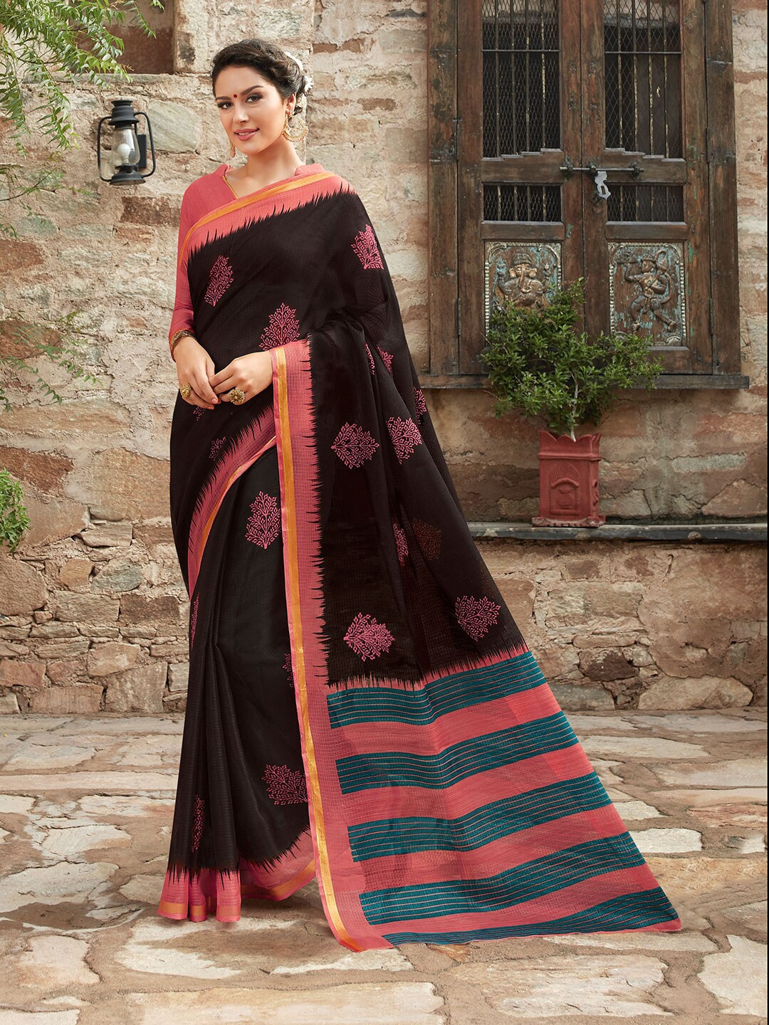 

Shaily Black & Pink Floral Zari Silk Cotton Saree
