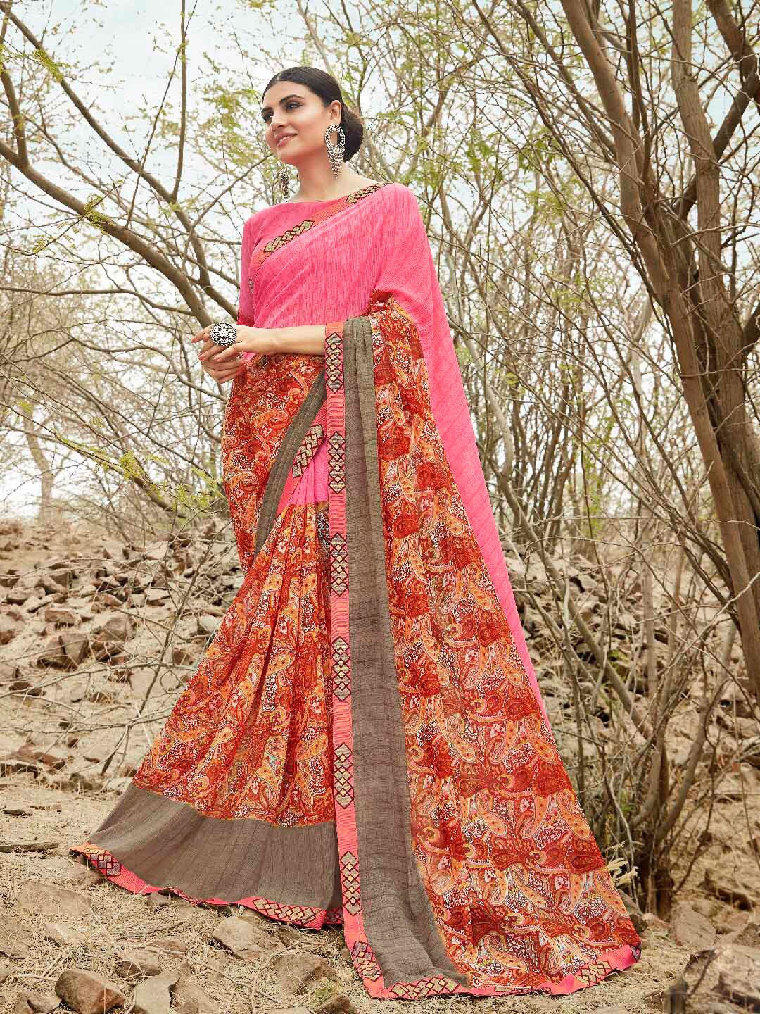 

Shaily Brown & Pink Paisley Embroidered Pure Georgette Saree