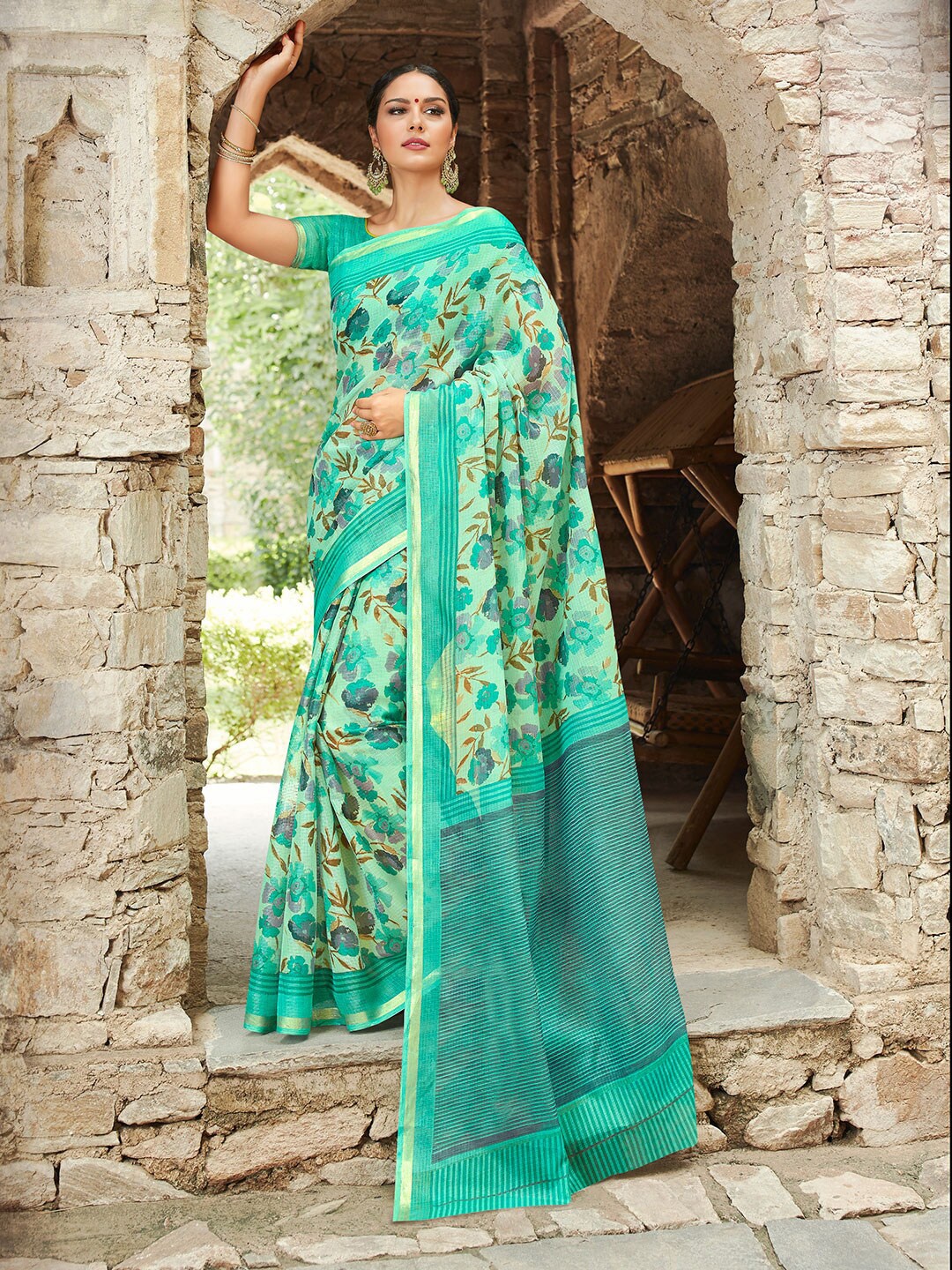 

Shaily Women Sea Green Floral Zari Silk Cotton Saree