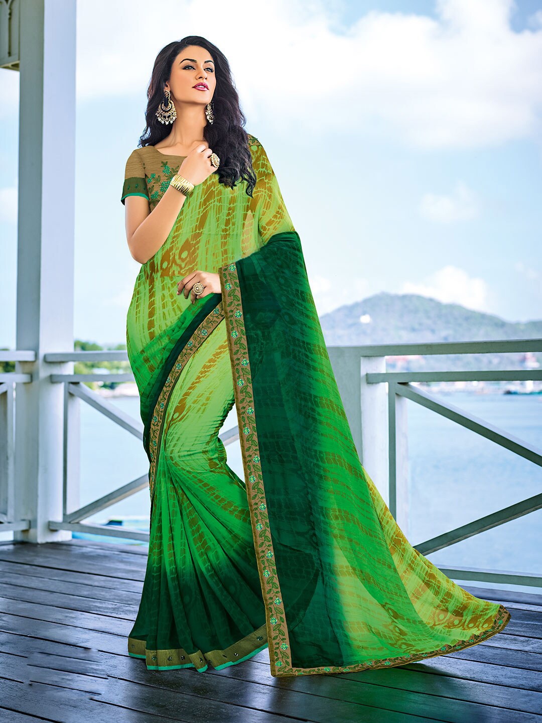 

Shaily Green & Brown Tie and Dye Pure Georgette Saree