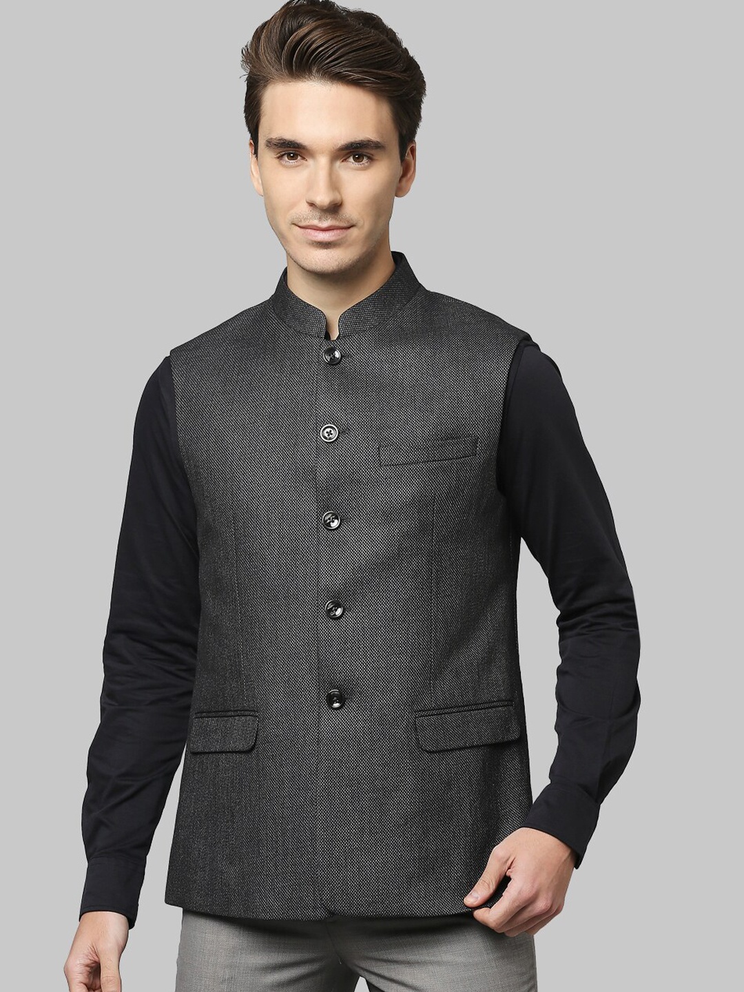

Park Avenue Men Black Woven Nehru Jacket