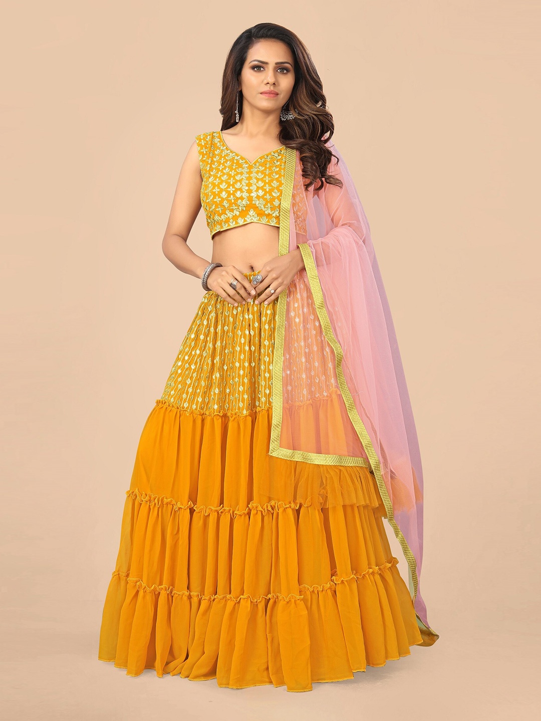 

Nityanta Fab Yellow & Gold-Toned Embroidered Patchwork Semi-Stitched Lehenga & Unstitched Blouse With