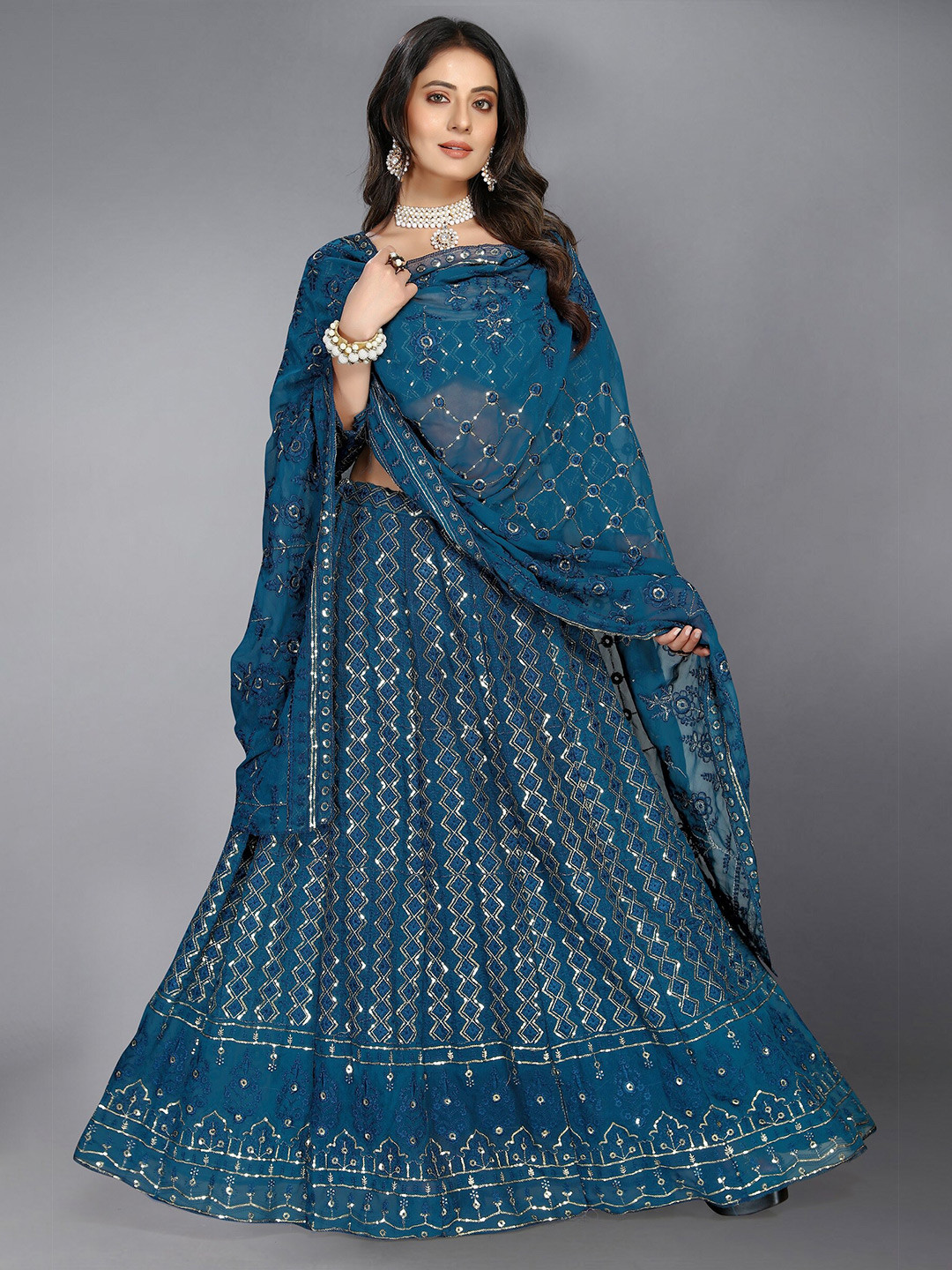 

Nityanta Fab Blue & Gold-Toned Embroidered Patchwork Semi-Stitched Lehenga & Unstitched Blouse With Dupatta