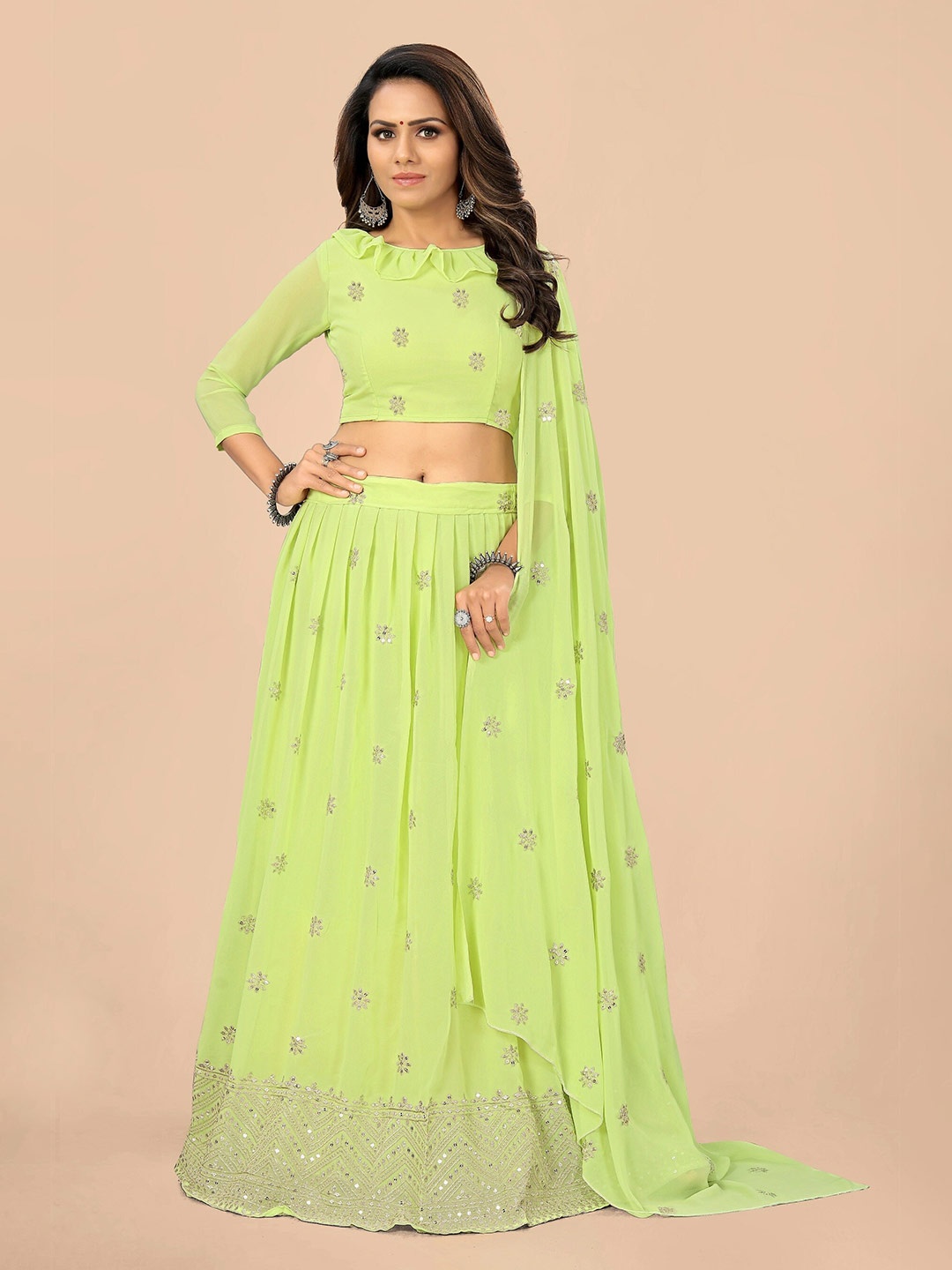 

Nityanta Fab Lime Green Yellow Embroidered Semi-Stitched Lehenga & Unstitched Blouse With