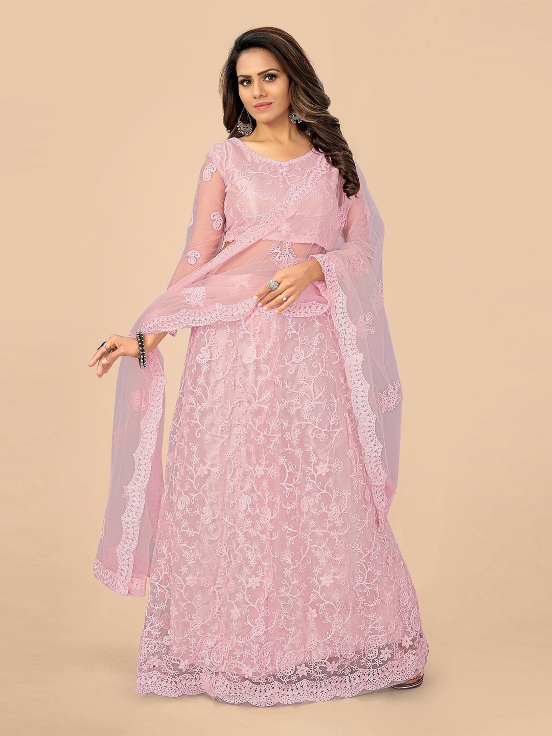 

Nityanta Fab Pink Embroidered Semi-Stitched Lehenga & Unstitched Blouse With Dupatta
