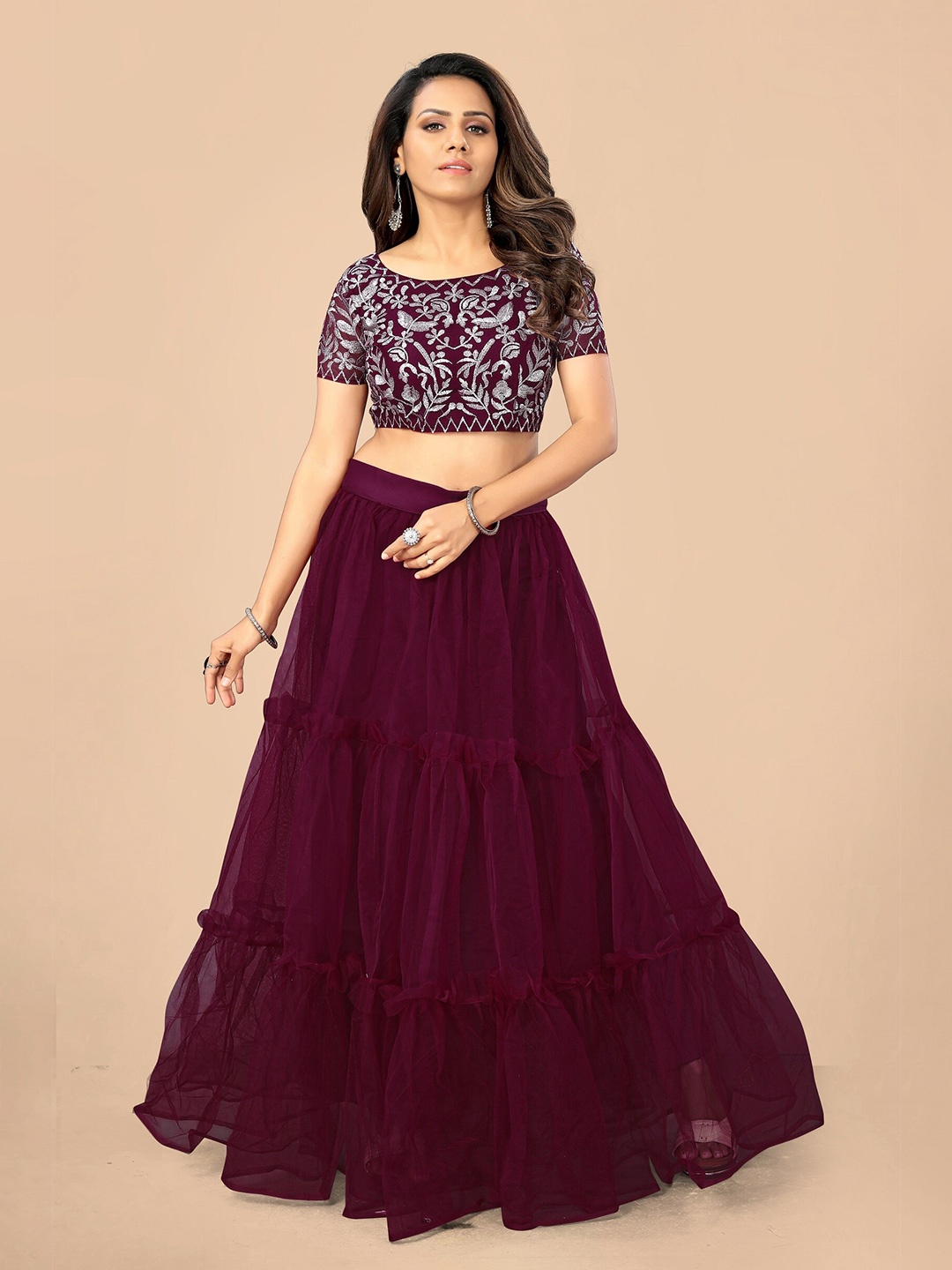 

Nityanta Fab Women Maroon & Silver Embroidered Semi-Stitched Lehenga & Unstitched Blouse