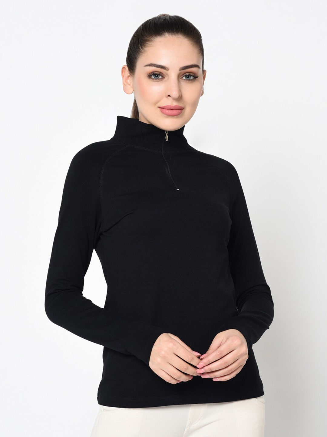 

SHARKTRIBE Women Black High Neck Slim Fit T-shirt